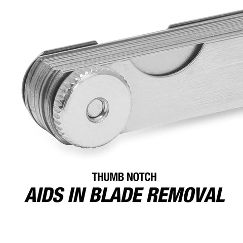Close-up of 22 Blade Go No Go Feeler Gauge with thumb notch for blade removal by OEMTOOLS, showing silver metal blades.