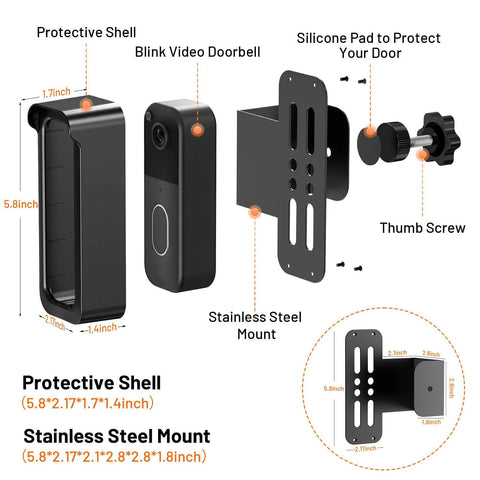 Anti Theft Doorbell Mount For Video Doorbell Gen 1 And Gen 2 No Drill With Rain Cover Keeps Your Camera Safe From Thieves Easy Clip On Install No Blocked Sensor Or Night Vision Weatherproof Shield For Outdoor Use diagram showing protective shell and stainless steel mount dimensions.