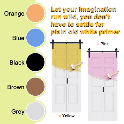 32x84 Inch Bi Fold Barn Door Set With Six Raised Panels, paintable in yellow and pink, hardware track kits shown with color options.