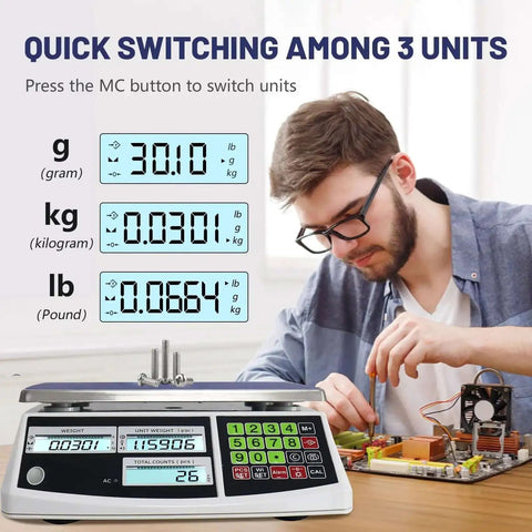 Heavy Duty Digital Counting Scale 30Kg 66Lb With Zero Point One Gram Precision used by a man for electronic parts weighing