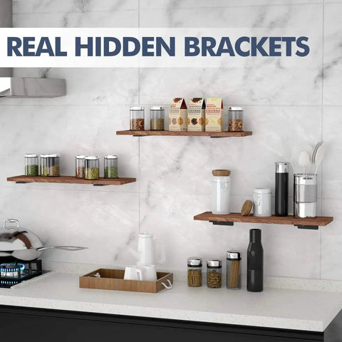 Modern kitchen shelves using Hidden Floating Shelf Brackets Set 6 Pack 6 Inch Heavy Duty Black Metal L Brackets.