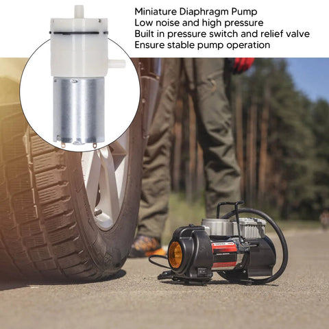 Miniature diaphragm vacuum pump, 6V aluminum body; two pumps shown: white diaphragm pump inset and car air pump.
