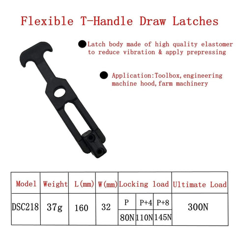 8 Pack 6.3 Inch Flexible Rubber T Handle Draw Latches For Tool Boxes And More, black latch with dimensions and specifications displayed.