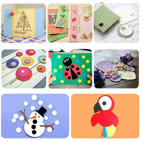 Assorted paper craft projects using 3 Inch Circle Punch For Paper Crafting Large 75mm Hole Punch For Cardstock Scrapbooks in various designs.