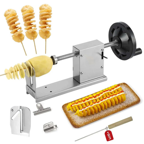 3 In 1 Manual Tornado Potato Slicer With Spiral Cutter And Twisted Cutter For Curly Fries, Potato Wrapping Around Hot Dogs, And More, Built With Thick Stainless Steel showing spiralized potato slices on skewer