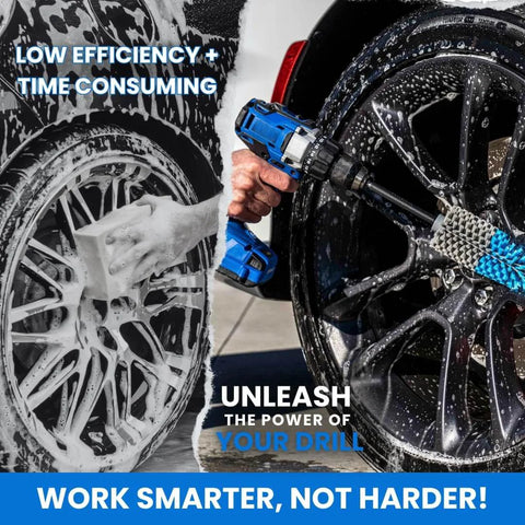 Extended Reach Drill Brush Attachment For Cars And Trucks With Beast Power And Heavy Duty Non Scratch Nylon Bristles All Purpose Wheel And Tire Cleaner For Tires Rims Wheel Wells Engine Bays Exhaust Pipes Running Boards And Hard To Reach Areas being used to clean car wheel