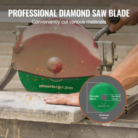 Professional diamond saw blade cutting stone with sparks, size 80x16x10x1.2mm, shown mounted on a saw, close-up view.