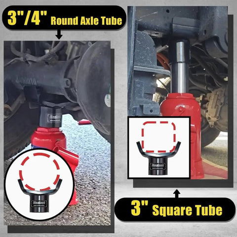 Beefy Heavy Duty Bottle Jack Adapter For 12 Ton And 20 Ton Jacks, installed on 3 inch square and 3/4 round axle tubes.