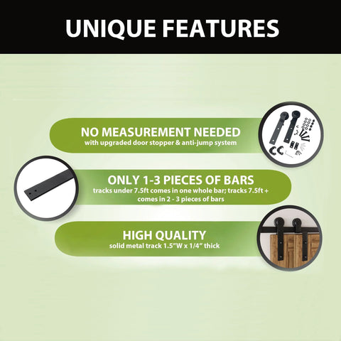 Unique features of Rustic Black Single Track Bypass Sliding Barn Door Hardware Kit for Double Doors, 18 Foot Flat Track.