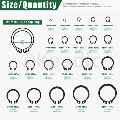 Alloy Steel C Clip Retaining Ring Kit 266 Pieces 21 Sizes From M4 To M28 External Circlips Snap Rings chart