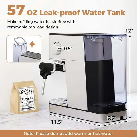 Side view of 20 Bar Espresso Machine With Milk Frother Compact Stainless Steel Coffee Maker 57 Ounce Removable Water Tank
