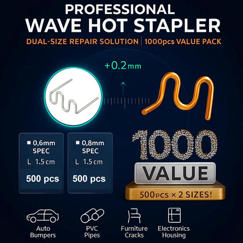 Dual Size Wave Shape Plastic Welding Staples Set, 1000Pcs with 0.6mm and 0.8mm staples for ABS plastic bumper repairs