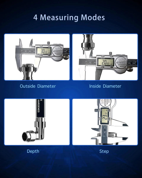 6 Inch Digital Caliper Measuring Tool With Feeler Gauges And Spare Batteries, Built Tough IP54 Waterproof Stainless Steel in use showing four measuring modes.