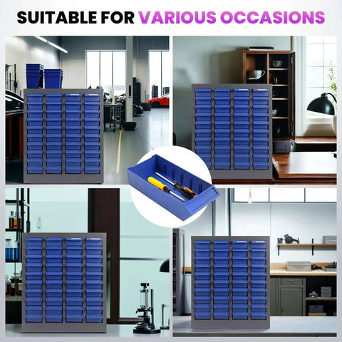 40 Drawer Parts Cabinet With ABS Drawers And Dividers in various settings, shown with flexible label system, garages, offices.