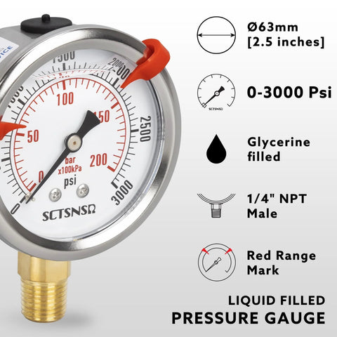 Pressure gauge SCTSNSR, glycerin-filled, 2.5 in dial, 0-3000 psi, stainless steel case, 1/4 in NPT bottom mount