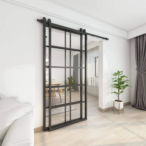 Installed Bypass Double Glass Barn Door Kit With 6+6 Ft Hardware, 72 Inch By 84 Inch Clear Tempered Glass Panels In An Aluminum Frame