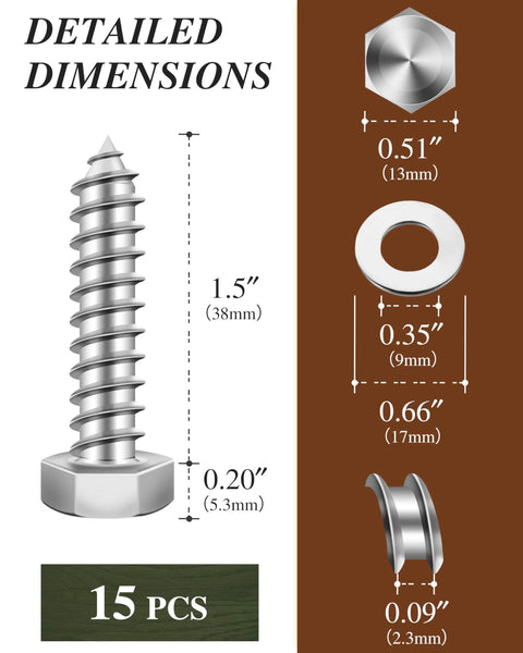 Detailed dimensions of Heavy Duty 5/16 Inch Lag Screws With Flat Washers, 1-1/2 Inch Length, Hex Head, 304 Stainless Steel 18-8.