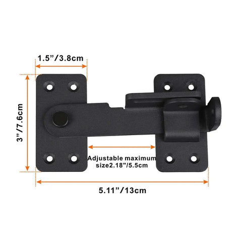 Heavy Duty 90 Degree Gate Latch with Padlock Hole for Barn Doors Fences Cabinets and Windows, black steel, dimensions labeled