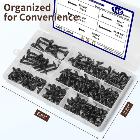 145 Piece Self Tapping Screws Set For Metal Projects In 410 Stainless Steel With Black Zinc Plating organized in box