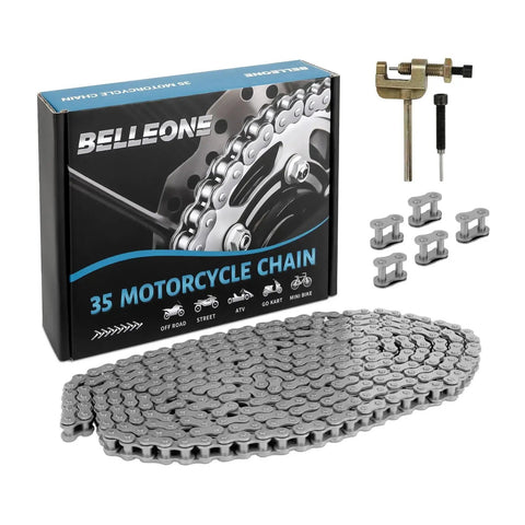 35 Roller Chain 10 Feet 320 Links With Chain Breaker And 5 Connecting Links For Go Karts Motorcycles Mini Bikes Bicycles And Other Home And Industrial Machinery Built From 40Mn Carbon Steel For Heavy Duty Rust Resistant Long Lasting Performance, shown with packaging and tools.
