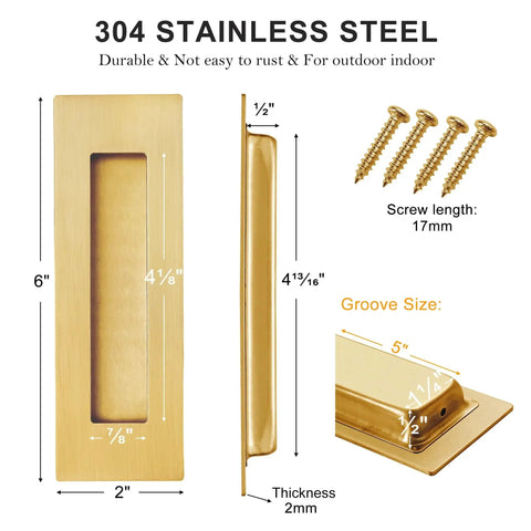 6 Inch Recessed Finger Pulls For Pocket Doors And Sliding Doors, Brushed Gold Stainless Steel Hardware, dimensions and screws displayed
