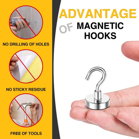 Close-up of a hand holding a magnetic hook, highlighting its advantages: no drilling, no sticky residue, and no need for tools.