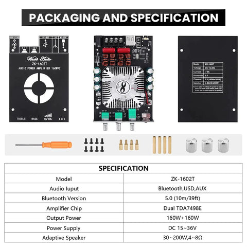 Packaging and specifications of 2.0 Channel Bluetooth 5.0 Power Amplifier Board With Dual TDA7498E Chips, 160W Per Channel