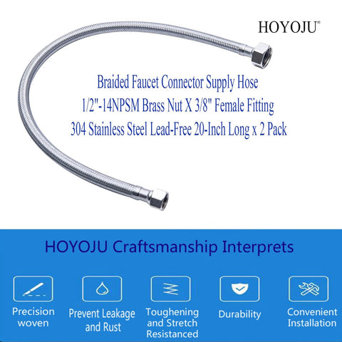 HOYOJU braided faucet supply hose, 20-in, stainless steel lead-free, 1/2 in to 3/8 in fittings, brass nut, 2-pack