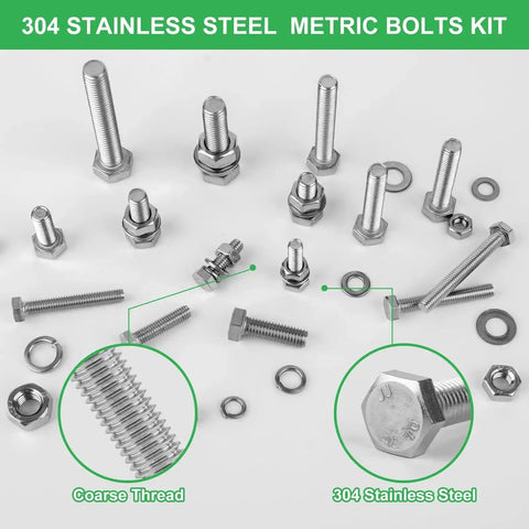 All In One 260 Piece Metric Hex Bolt And Nut Set M6 M8 M10 In 304 Stainless Steel With Case Includes Flat And Spring Washers Pro Grade DIY Projects Heavy Duty Fastening displayed with bolts, nuts, and washers.