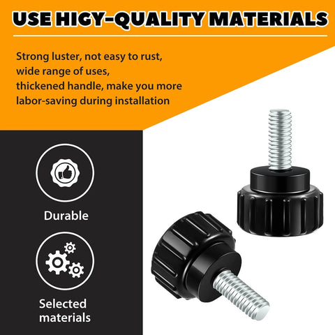 Knurled Threaded Thumbscrews M4 X 10mm For Monitor Mounts Carbon Steel Black 10 Pack shown in close-up with text overlay