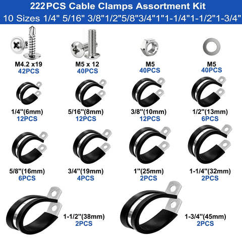 Taiss 222PCS Cable Clamps Assortment Kit, 304 stainless steel rubber-cushioned pipe clamps in 10 sizes with screw types