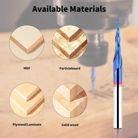 5 Pack Tapered Ball Nose End Mills For CNC Router Bits With One Eighth Inch Shank in front of various wood materials.