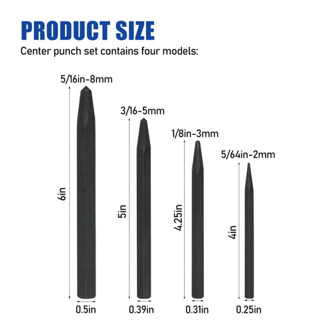 Four sizes of hardened steel punches for metal and wood, part of the 4-Piece Center Punch Kit for Metal and Wood Marking with Precision Points.