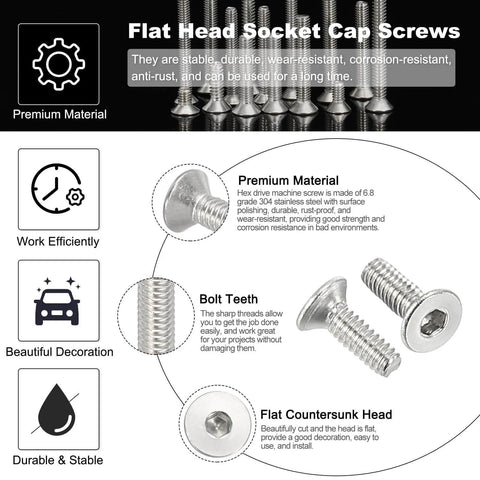 Image showing features of M2 By 6mm Flat Head Socket Cap Screws 100 Pack Durable 304 Stainless Steel 18 8 Machine Screws Flat Countersunk Bolts