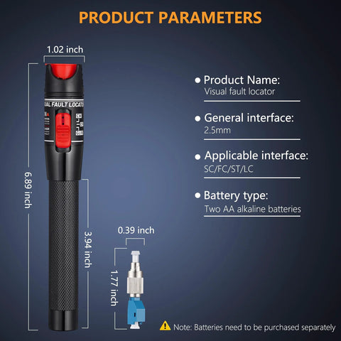 Trileria visual fault locator tool, black body with 50 km range and 2.5mm universal adapter for SC/FC/ST/LC connectors