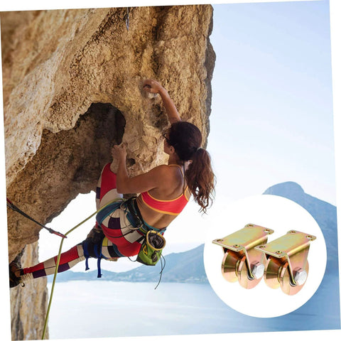 Heavy Duty Track Wheel Pulley Block Two Pack With V Type Groove Sliding Gate Roller For Sliding Doors Sturdy Steel Construction Delivers Smooth Operation And Low Vibration shown next to a female rock climber on a cliff.
