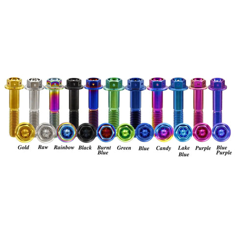 Burnt Blue Titanium Hex Head Flange Bolts M6x12mm Pack Of 5 GR5 Ti6Al4V with PVD finish for various bike and motor colors.