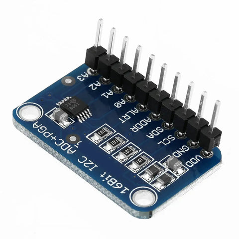 Close-up of Sixteen Bit I2C Analog To Digital Converter Development Board with Programmable Gain Amplifier and precision ADC.