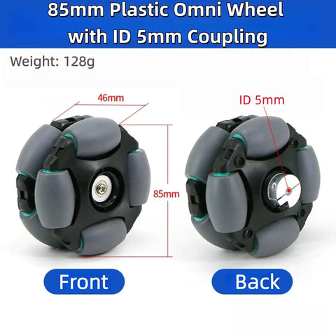 Omni Wheel For Robots 85mm Plastic Hub With Rubber Tire, Omnidirectional Movement For Easy Robot Steering, 5mm Coupling, 1 Piece