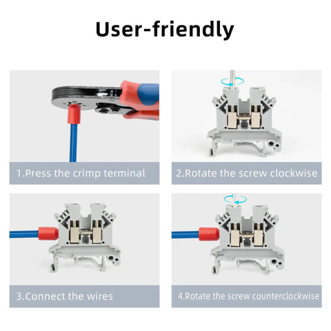 Step-by-step guide to using All-In-One Terminal Blocks Kit for DIY and Pro-Grade Projects, showing wire crimping and connection.