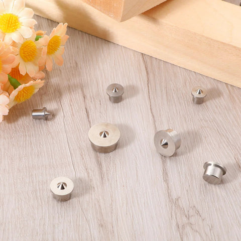 Solid Dowel Pin Centers Drill Hole Tool Set for Woodworking, 12 pcs transfer plugs and center markers on wood surface