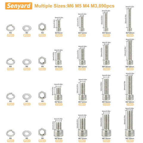Diagram of DIY Ready 890 Piece Metric Screw Set With M3 M4 M5 M6 Bolts, Nuts, Lock And Flat Washers, Socket Head Cap Screws