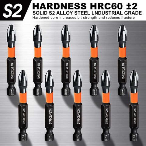 Ten Pack PH2 Magnetic Phillips Bits For Impact Drivers Two Inch Long With One Fourth Inch Hex Shank Premium S2 Steel Construction Strong Magnetic Tip For Secure Screw Retention Durable Bits For Professional Trades And DIY Projects