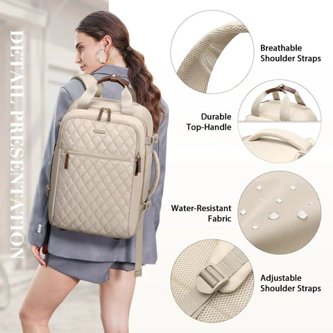 Woman wearing Rolling Laptop Backpack For Women With Wheels Apricot showing breathable straps and water-resistant fabric
