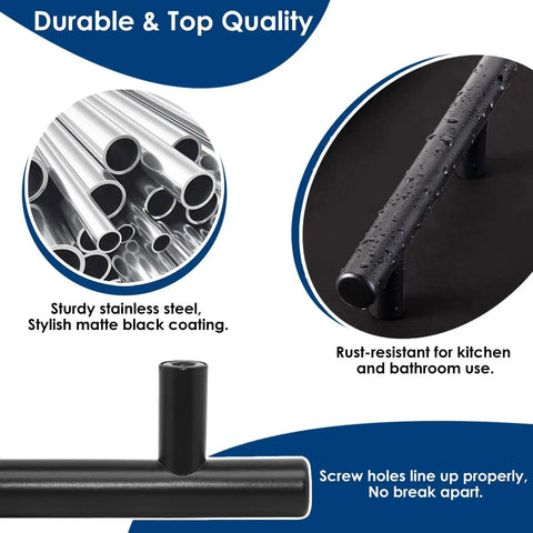 60 Pack 3 Inch Center To Center Matte Black Cabinet Pulls For Kitchen Cabinets Drawers Cupboards And Wardrobes Made From Stainless Steel Rust Resistant Modern Euro Style Universal Fit Durable Hardware For Cabinets And Furniture close-up showing rust resistance and sturdiness.