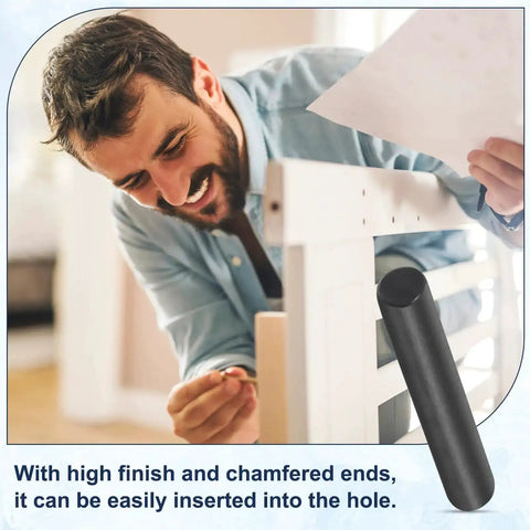 Man assembling furniture with 15 Pack 4mm By 30mm Black Oxidized Dowel Pins 304 Stainless Steel Cylindrical Shelf Pegs Chamfered Ends
