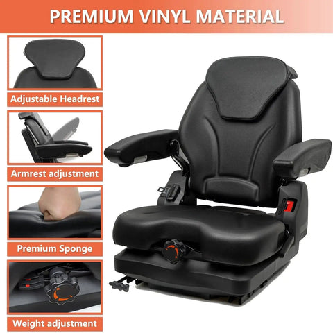Highback Suspension Tractor Seat With Adjustable Back Fold Down Armrests, black vinyl, showing headrest and armrest features.