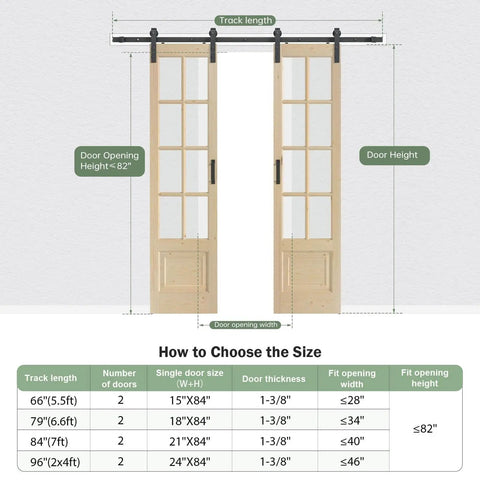 Preassembled Double 30x84 Inch Clear Glass French Interior Door With 5.5Ft Barn Door Hardware Kit Included, Spruce Wood Support
