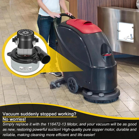 Vacuum motor replacement 116472-13/116472-00; front view of black floor-cleaning machine with red top (inset motor).