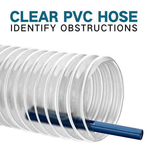 Pro Grade Clear PVC Dust Collection Hose Two And A Half Inch By Twenty Foot For Workshop And Woodworking Dust Collection Systems Grounded At Both Ends For Safe Electrostatic Discharge Heavy Duty Coil To Minimize Kinking showing internal visibility to identify obstructions